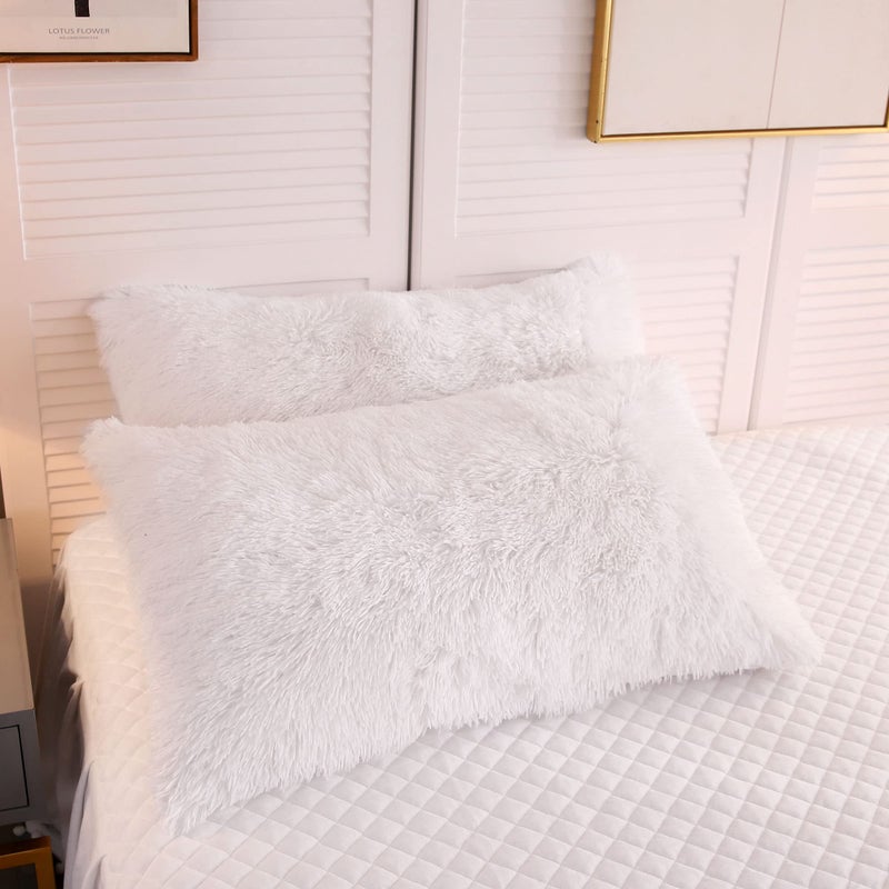 LIFEREVO 2 Pack Faux Fur Pillow Shams,Shaggy Plush Home Decorative Luxury Series Super Soft Furry Pillow Case with Zipper Closure for Home Sofa Couch Decoration,Standard (White,20"x26") - Image 1